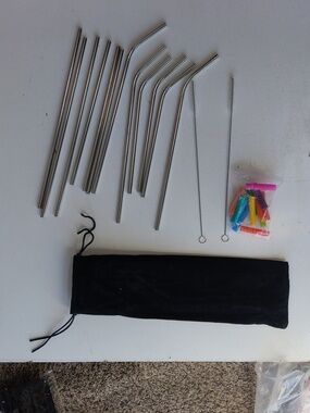 Reusable Stainless Steel Drinking Straws with Cleaning Brushes - Silver